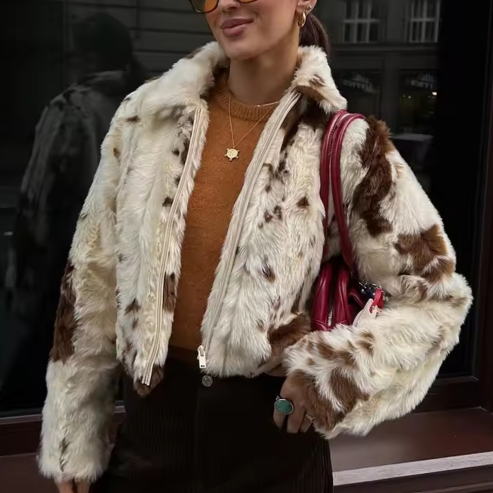 Women Casual Faux Fur Lapel Jacket Fashion Cow Print Autumn Winter - Picture 2 of 10